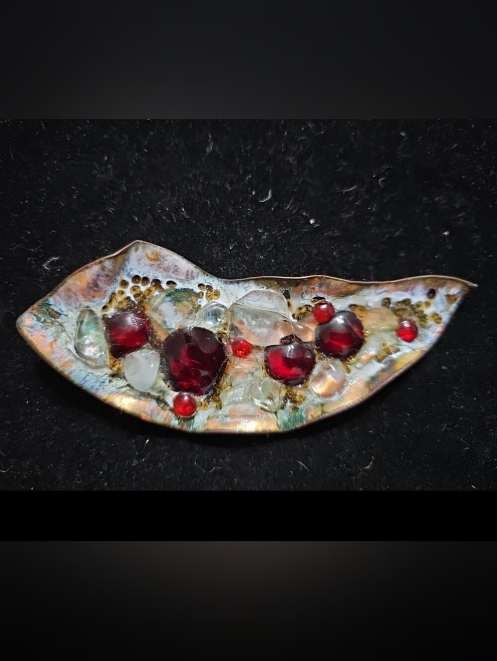 Vtg Signed Sheldon Enamel on Copper Large Art Glass Abstract Statement Brooch